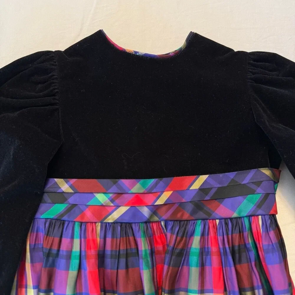 Vintage Polly Flinders | Velvet & Plaid Holiday Dress | Gold Button Back | Girls